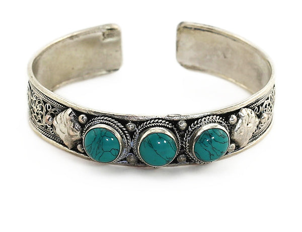 Tibetan Turquoise Cuff Bracelet with Silver Scrollwok Top View