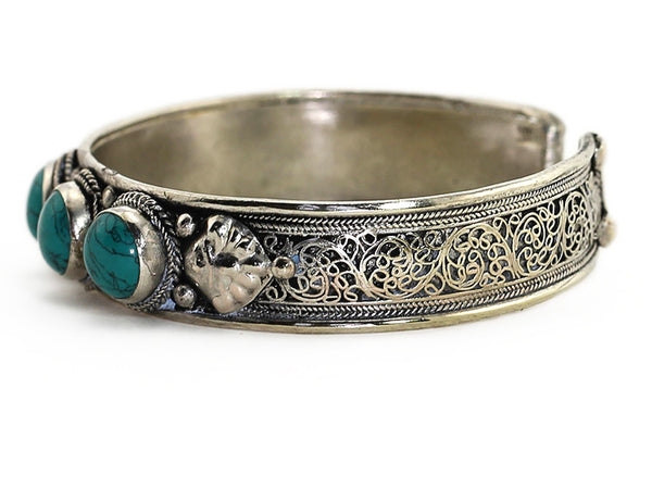 Tibetan Turquoise Cuff Bracelet with Silver Scrollwork