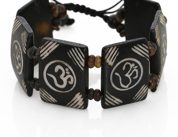 Tibetan Yoga Bracelet Carved Om Symbol Tiles Close Up