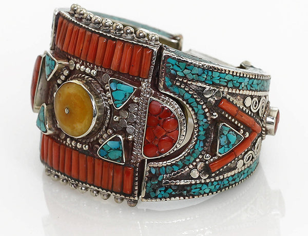 Vintage-Inspired Silver Tibetan Cuff Bracelet Imbeded with Turquoise Amber and Coral