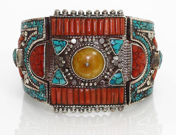 Vintage Inspired Tibetan Cuff Bracelet with Antiqued Silver Coral and Turquoise