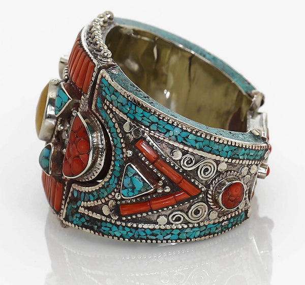 Vintage Inspired Tibetan Cuff Bracelet Left Side Inlaid with Turquoise and Coral