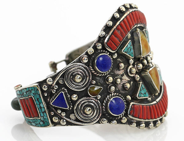 Vintage Style Tibetan Cuff Bracelet Inlaid with Traditional Gemstone