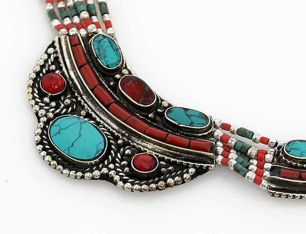 Vintage Style Tibetan Necklace Turquoise and Coral Inlaid Silver Pendant Close Up