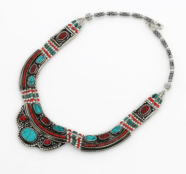 Vintage Style Tibetan Necklace with Gemstone Inlaid Silver Focals