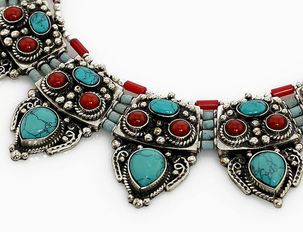 Vintage-Tibetan Necklace with Chunky Silver Focals Close Up