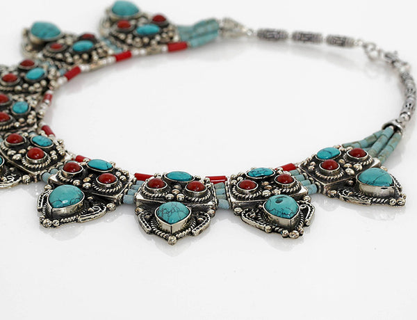Vintage Tibetan Necklace with Chunky Silver Focals Side View