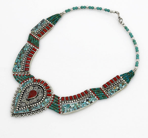 Vintage Tibetan Necklace with Silver Reverse Tear Drop Pendant