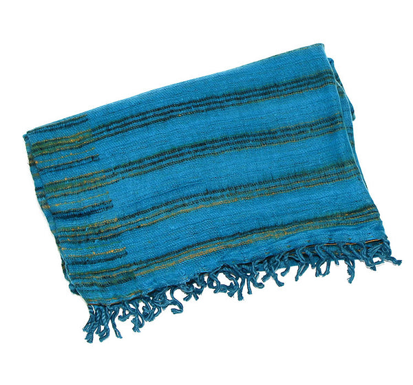 Yak Wool Shawl with Blue Striped Pattern Folded