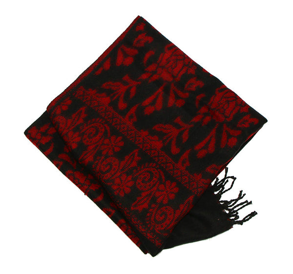 Yak Wool Shawl with Reversible Red Rose Pattern Underneath