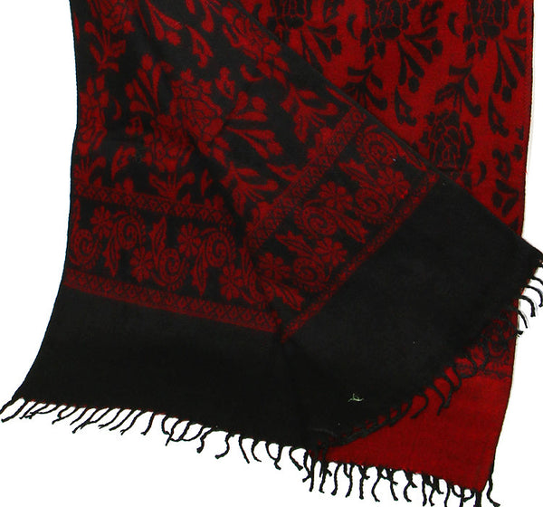 Yak Wool Shawl with Reversible Red Rose Pattern