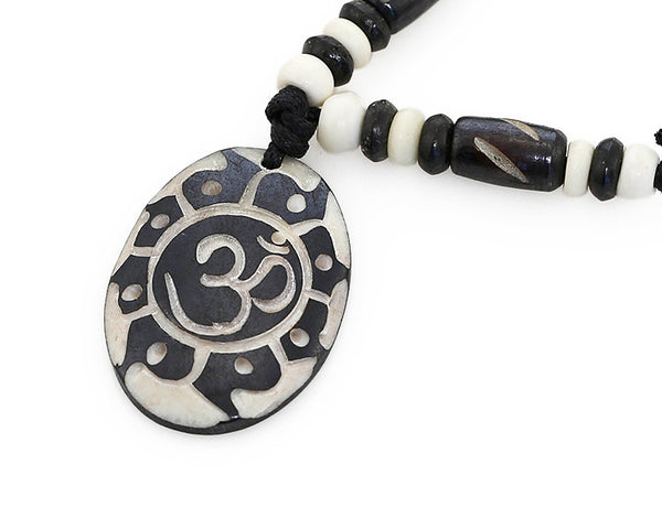 Yoga Necklace Carved Sun and Om Symbol Pendant Close-Up