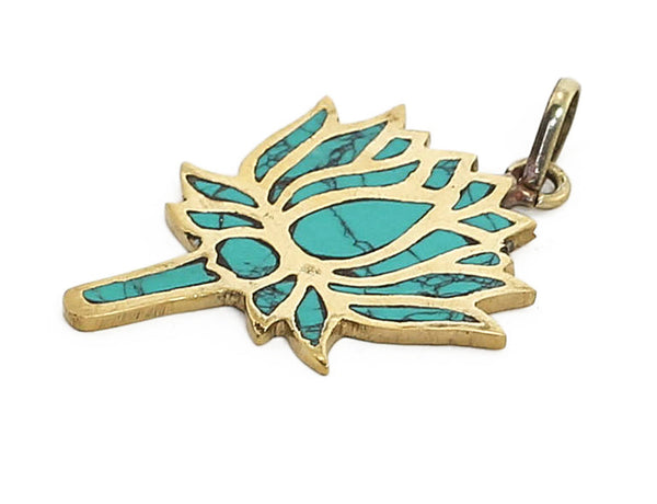 Yoga Pendant with Turquoise Lotus in Brass Side View